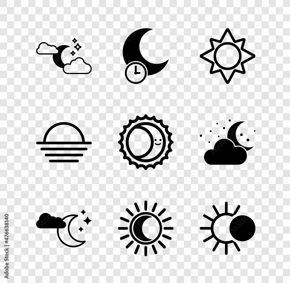 Set Cloud with moon and stars, Sleeping, Sun, Eclipse of the sun, Sunset and icon. Vector