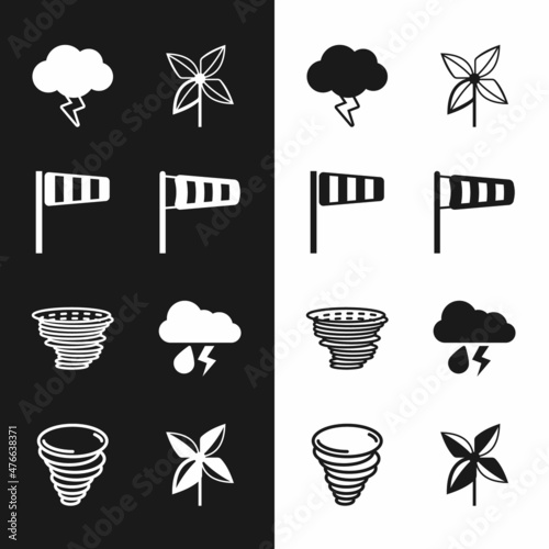 Set Cone meteorology windsock wind vane, Storm, Pinwheel, Tornado, Cloud with rain and lightning, and icon. Vector