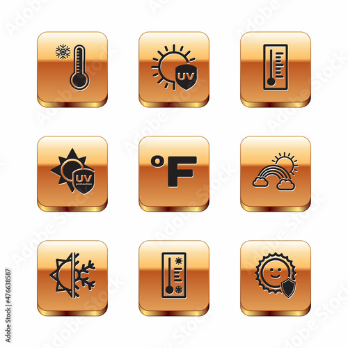 Set Meteorology thermometer, Sun and snowflake, Fahrenheit, UV protection, and icon. Vector