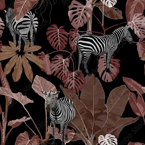 Tropical floral leaves, palm banana tree, zebra wildlife animal floral seamless pattern on black background. Exotic safari browm wallpaper. photo