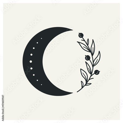 Crescent moon with branch. Symbolic magic drawing. The moon has a slit pattern. Vector illustration for t-shirt, poster, decoration, apparel design.