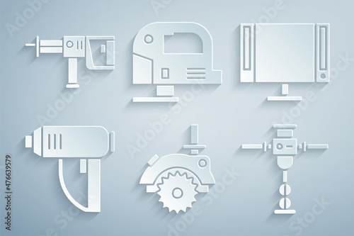 Set Electric circular saw, Smart Tv, industrial dryer, Construction jackhammer, jigsaw and Rotary drill machine icon. Vector