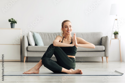 New normal, sports, workout, pilates at home in spare time in morning, covid-19
