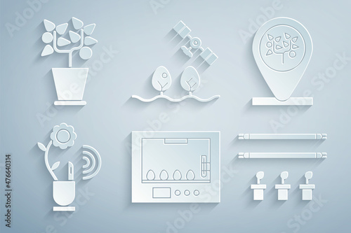 Set Incubator for eggs, Location and tree, Smart farming technology, with bulb plant, drone and Plant pot icon. Vector