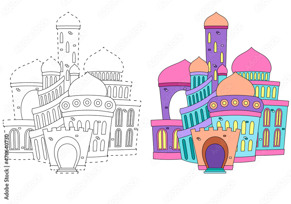 Obraz premium A fabulous underwater palace. Coloring book for children. Practice of handwriting. Education Development Worksheet.