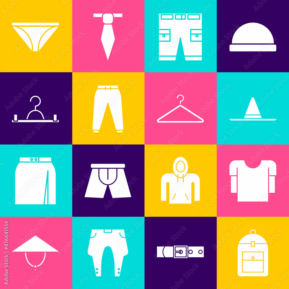 Set Backpack, Long sleeve shirt, Gardener worker hat, Short pants, Sport, Hanger wardrobe, Men underpants and icon. Vector Set Backpack, Long sleeve shirt, Gardener worker hat, Short pants, Sport, Hanger wardrobe, Men underpants and icon. Vector