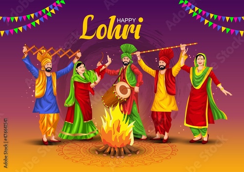 Happy Lohri festival of Punjab India background. group of people playing lohri dance. vector illustration design