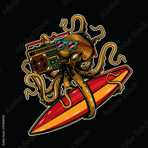 Original vector illustration in vintage style. Octopus wearing glasses with surfing and a boombox. T-shirt design.
