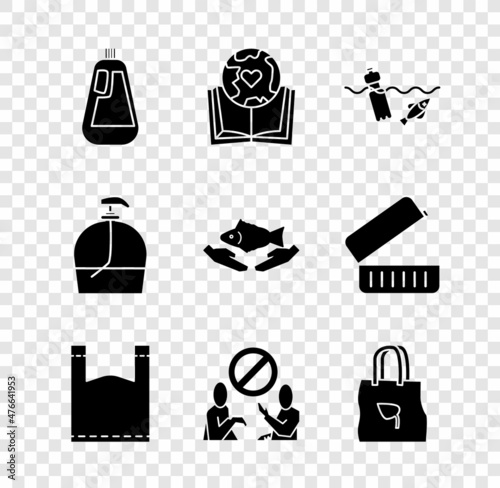 Set Bottle for dishwashing liquid, Earth globe and book, Problem pollution of the ocean, Plastic bag, Stop plastic, Shopping with recycle, soap and Fish care icon. Vector