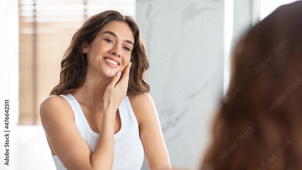 Gorgeous Lady Touching Face Caring For Facial Skin In Bathroom Gorgeous Lady Touching Face Caring For Facial Skin In Bathroom