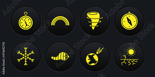 Set Snowflake, Compass, Cone meteorology windsock wind vane, Comet falling down fast, Tornado, Rainbow, Drought and icon. Vector