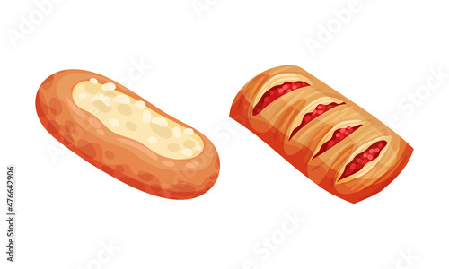 Pastry products for bakery menu set. Buns with cottage cheese and jam, delicious bakery assortment vector illustration