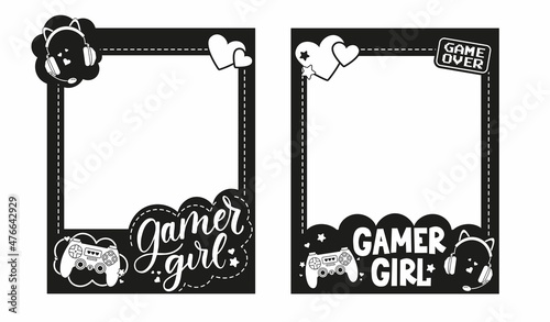 Gamer girl printable photo booth templates in black and white colors. Cute design templates for party, card, photo frame etc. Flat style vector illustration.