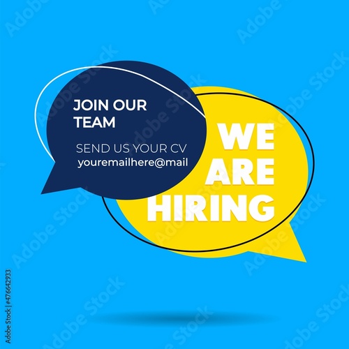 Hiring recruitment design poster. We are hiring design template with geometric shapes. Vector illustration. Open vacancy flat style concept