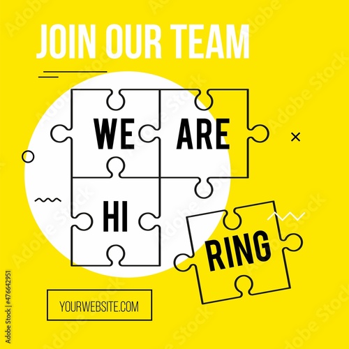 Hiring recruitment design poster. We are hiring template with puzzle. Teamwork concept linear vector illustration. Open vacancy design template in yellow, black and white colors. Join our team.