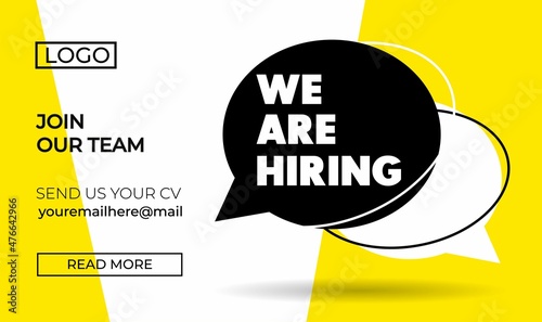 Hiring recruitment design poster. We are hiring template with chat bubbles. Vector illustration. Open vacancy design template in yellow, black and white colors. Join our team background, card, banner.