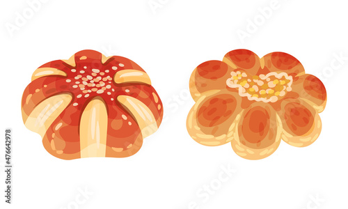 Pastry products for bakery menu set. Sweet buns with sesame seeds, delicious bakery assortment vector illustration