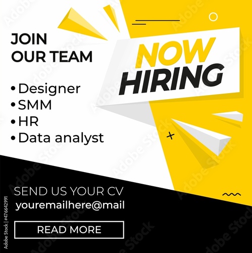 Hiring recruitment design poster. We are hiring template with chat bubbles. Vector illustration. Open vacancy design template in yellow, black and white colors. Join our team background, card, banner.