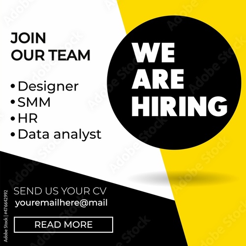 Hiring recruitment design poster. We are hiring design template with geometric shapes and trendy bold typography. Vector illustration. Open vacancy flat style concept