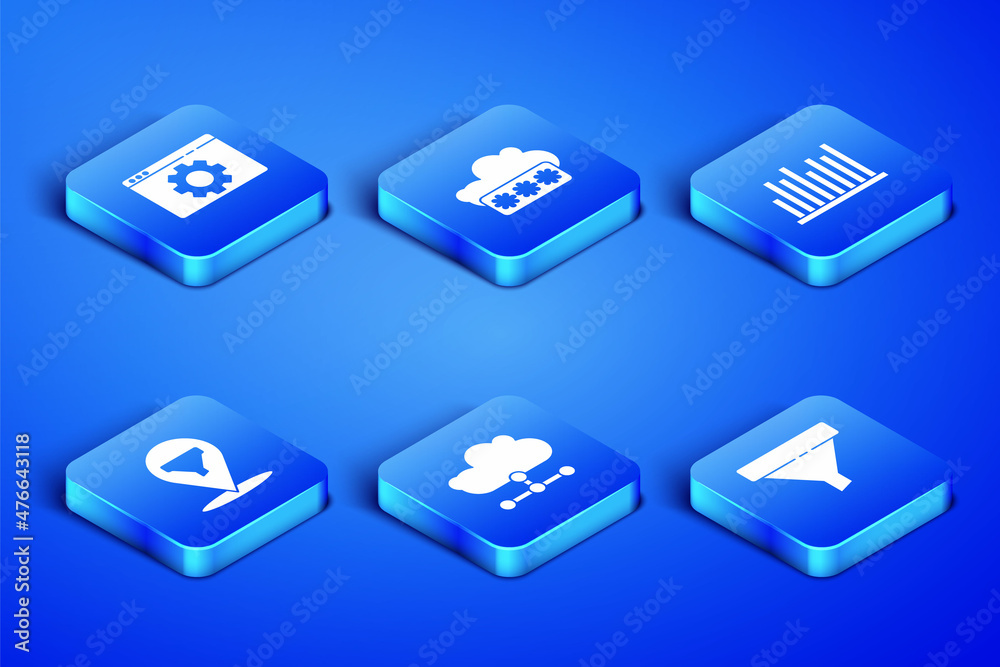 Set Sales funnel, Browser setting, Network cloud connection, Location with sales, Password protection and Pie chart infographic icon. Vector