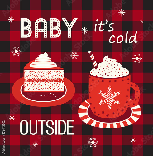 Hot cocoa cup whipped cream vector poster. Winter hot drink chocolate cup, cream cake cartoon. Buffalo plaid snowflakes background. Coffee mug cute design. Cold season warm cocoa bar menu illustration