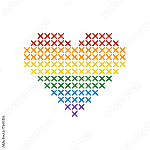 Cross stitch heart in rainbow colors. LGBTQ community, pride week, love.
