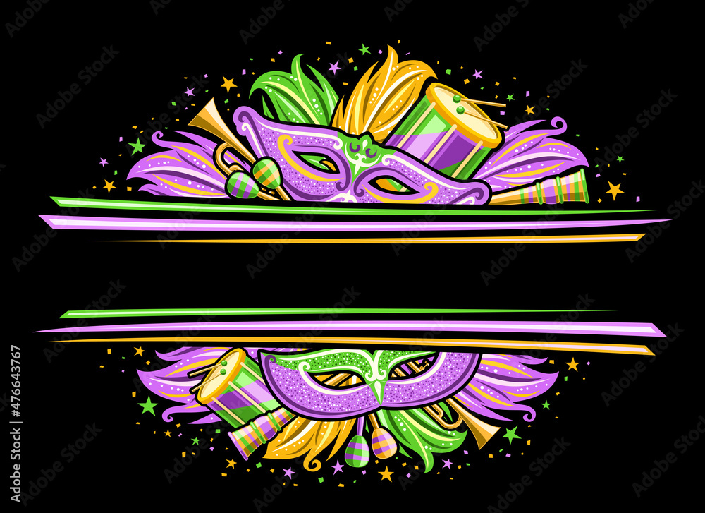 Vector Border for Mardi Gras Carnival with copy space, horizontal invitation with illustration of carnaval symbols, musical instruments, purple and green decorative feathers for carnaval in Louisiana Vector Border for Mardi Gras Carnival with copy space, horizontal invitation with illustration of carnaval symbols, musical instruments, purple and green decorative feathers for carnaval in Louisiana