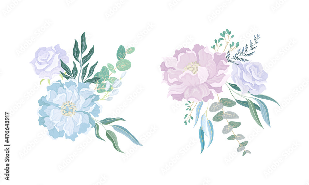 Set of elegant bouquets or bunches of dusty blue, pale pink garden flowers and green leaves vector illustration