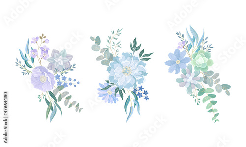 Set of elegant bouquets or bunches of dusty blue wildflowers  eucalyptus leaves and greenery vector illustration