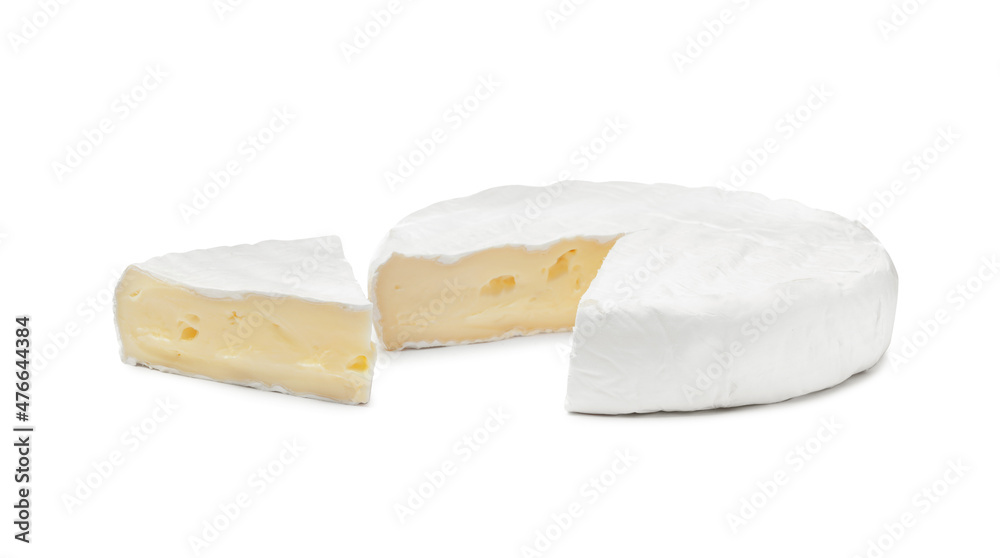 Tasty cut brie cheese on white background - obrazy, fototapety, plakaty 