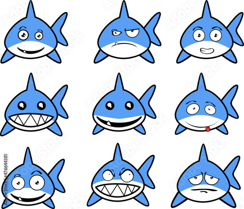 cute baby shark character cartoon expressions set illustration in vector format