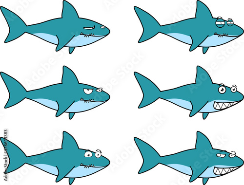 funny shark character cartoon expressions set illustration in vector format