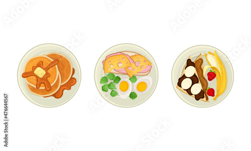 Traditional breakfast dishes set. Top view of pancakes and sandwiches served on plates vector illustration