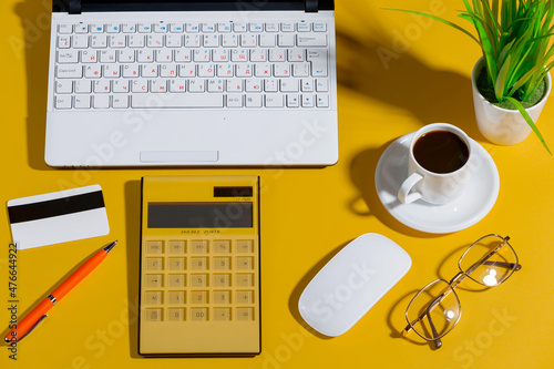 Items for business in the office on a bright, colored background. 