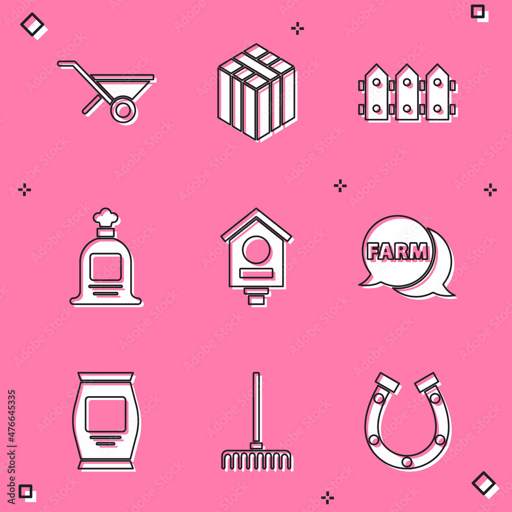 Set Wheelbarrow, Bale of hay, Garden fence wooden, Full sack, Bird house, Speech bubble with Farm, Fertilizer bag and rake icon. Vector Set Wheelbarrow, Bale of hay, Garden fence wooden, Full sack, Bird house, Speech bubble with Farm, Fertilizer bag and rake icon. Vector