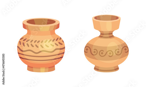 Clay kitchenware assortment set. Ceramic vases vector illustration