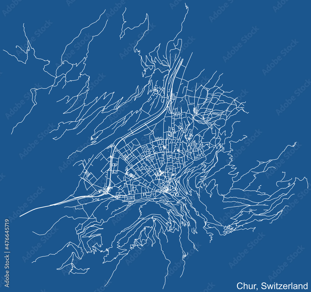 Detailed technical drawing navigation urban street roads map on blue background of Swiss regional capital city of Chur, Switzerland
