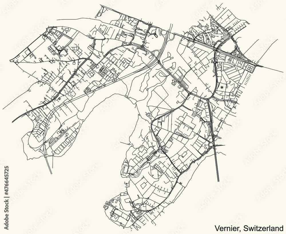 Fototapeta premium Detailed navigation urban street roads map on vintage beige background of the Swiss regional capital city of Vernier, Switzerland