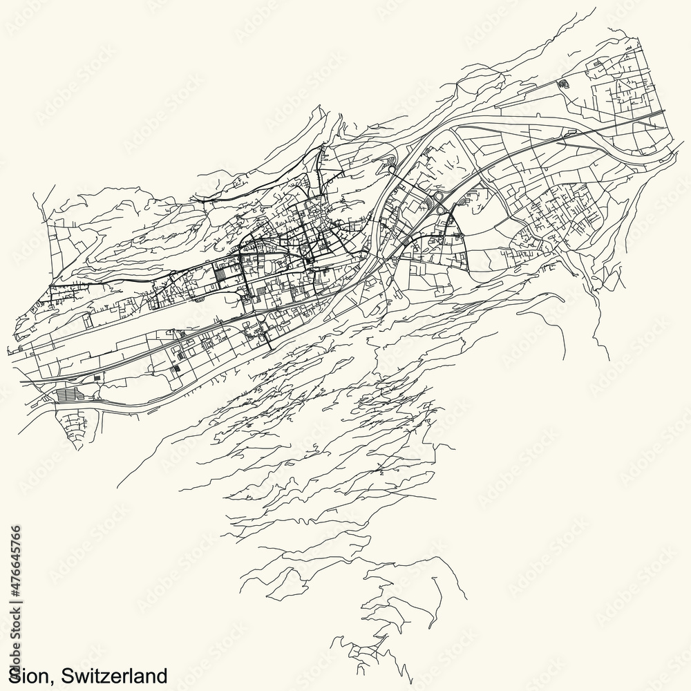 Naklejka premium Detailed navigation urban street roads map on vintage beige background of the Swiss regional capital city of Sion, Switzerland