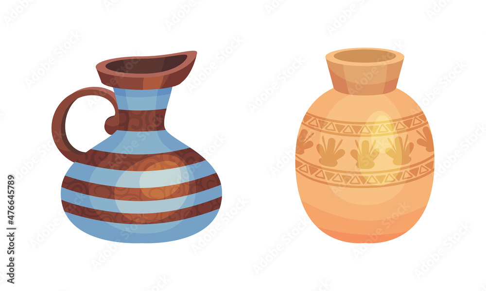 Clay kitchenware assortment set. Vintage ceramic vessels vector illustration