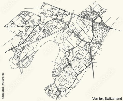 Detailed navigation urban street roads map on vintage beige background of the Swiss regional capital city of Vernier, Switzerland