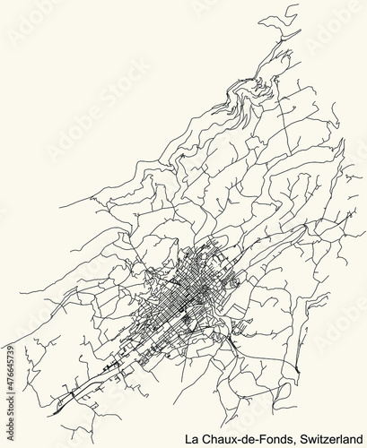 Detailed navigation urban street roads map on vintage beige background of the Swiss regional capital city of La Chaux-de-Fonds, Switzerland