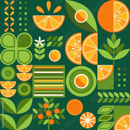 Set of design elements with oranges in simple geometric style. Abstract shapes. Good for branding, decoration of food package, cover design, decorative print, background. Inspired Bauhaus.