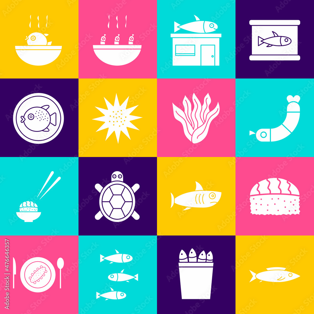 Set Fish, Sushi, Shrimp, Seafood store, urchin, Puffer fish on plate, soup and Seaweed icon. Vector
