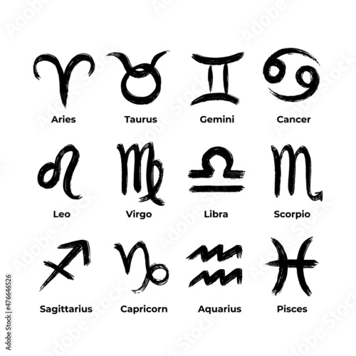 Zodiac signs symbols painted black ink brush texture