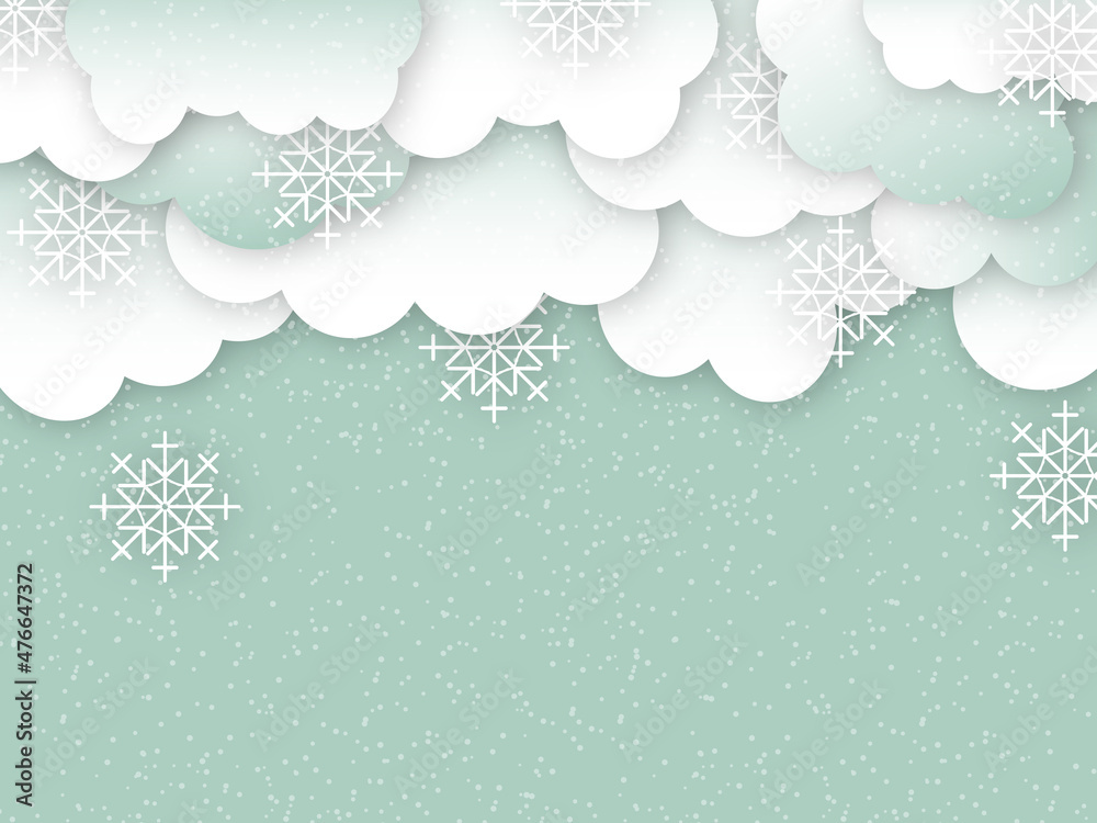 Paper cut clouds with snowflakes falling against the blue sky. Winter festive banner for Christmas and New Year. Modern design.
