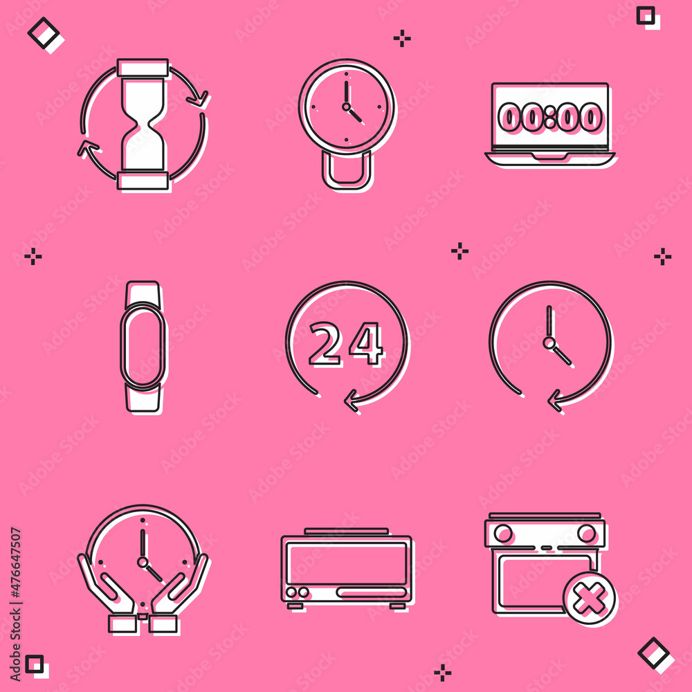Set Old hourglass, Clock, on laptop, Smartwatch, 24 hours, and Digital alarm clock icon. Vector Set Old hourglass, Clock, on laptop, Smartwatch, 24 hours, and Digital alarm clock icon. Vector