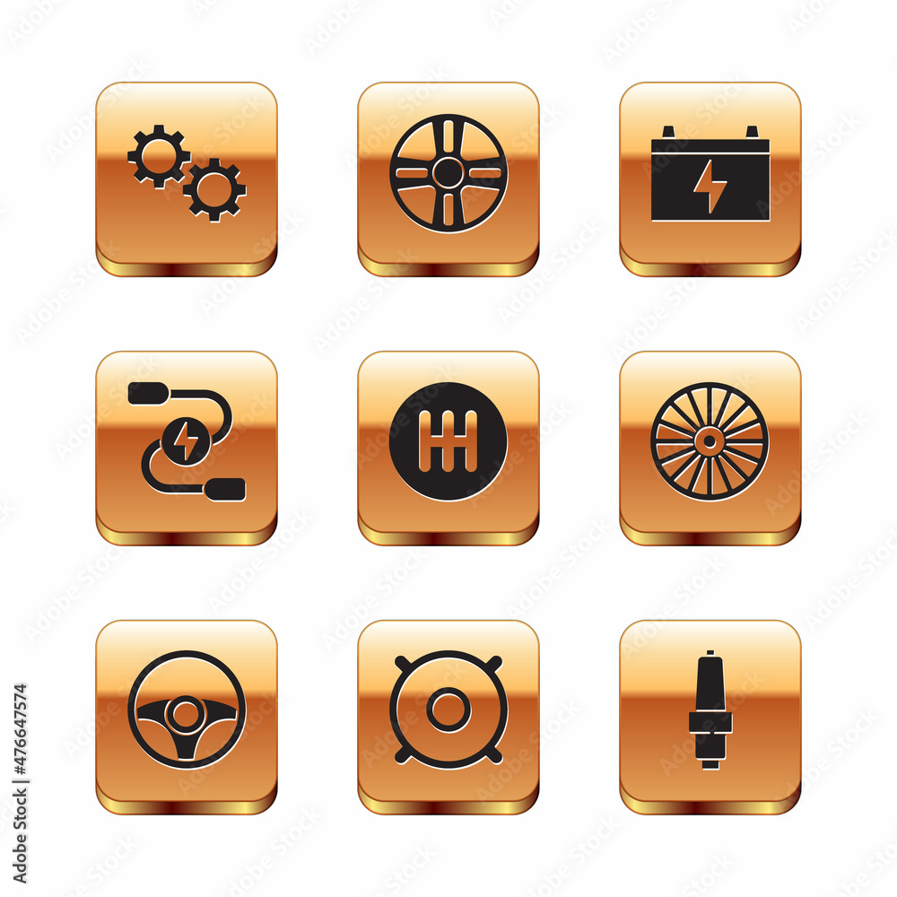Set Gear, Steering wheel, Car audio speaker, shifter, battery jumper power cable, spark plug and Alloy icon. Vector Set Gear, Steering wheel, Car audio speaker, shifter, battery jumper power cable, spark plug and Alloy icon. Vector