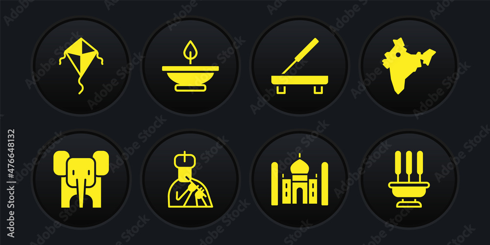 Set Elephant, India map, Indian man plays flute, Taj Mahal, Scented spa stick, Aroma lamp, Incense sticks and Kite icon. Vector Set Elephant, India map, Indian man plays flute, Taj Mahal, Scented spa stick, Aroma lamp, Incense sticks and Kite icon. Vector