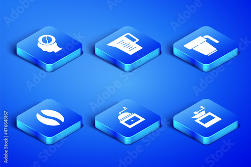 Set Manual coffee grinder, Barista, Coffee beans, Jug glass with water and cup icon. Vector